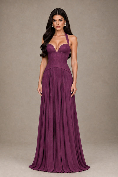 BOLODOO Plum Halter Corset Pleated A-Line Evening Dress - Plum - Plum_1