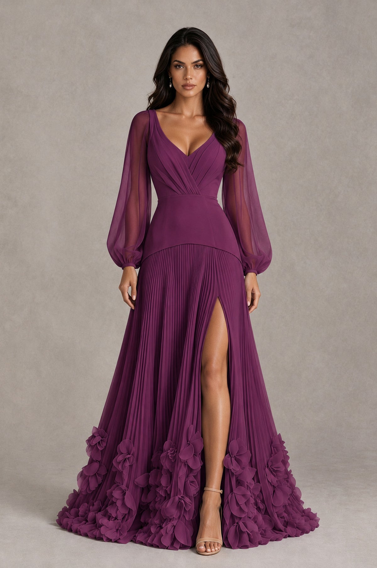 BOLODOO Plum V-Neck Long Sleeve Pleated Floral Hem Evening Dress - Plum - Plum_1