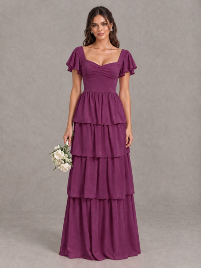 BOLODOO Plum Flutter Sleeve Tiered Maxi Bridesmaid Dress - Plum - Plum_1