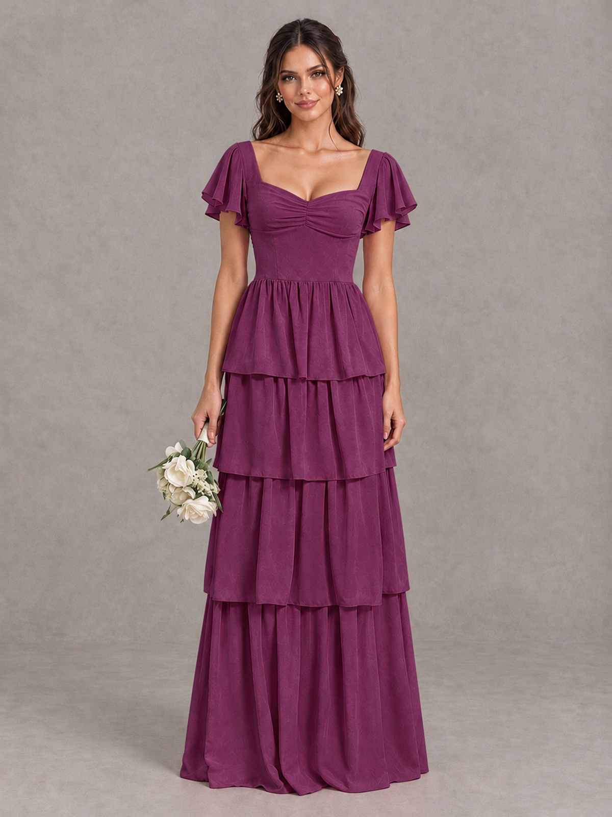 BOLODOO Plum Flutter Sleeve Tiered Maxi Bridesmaid Dress - Plum - Plum_1