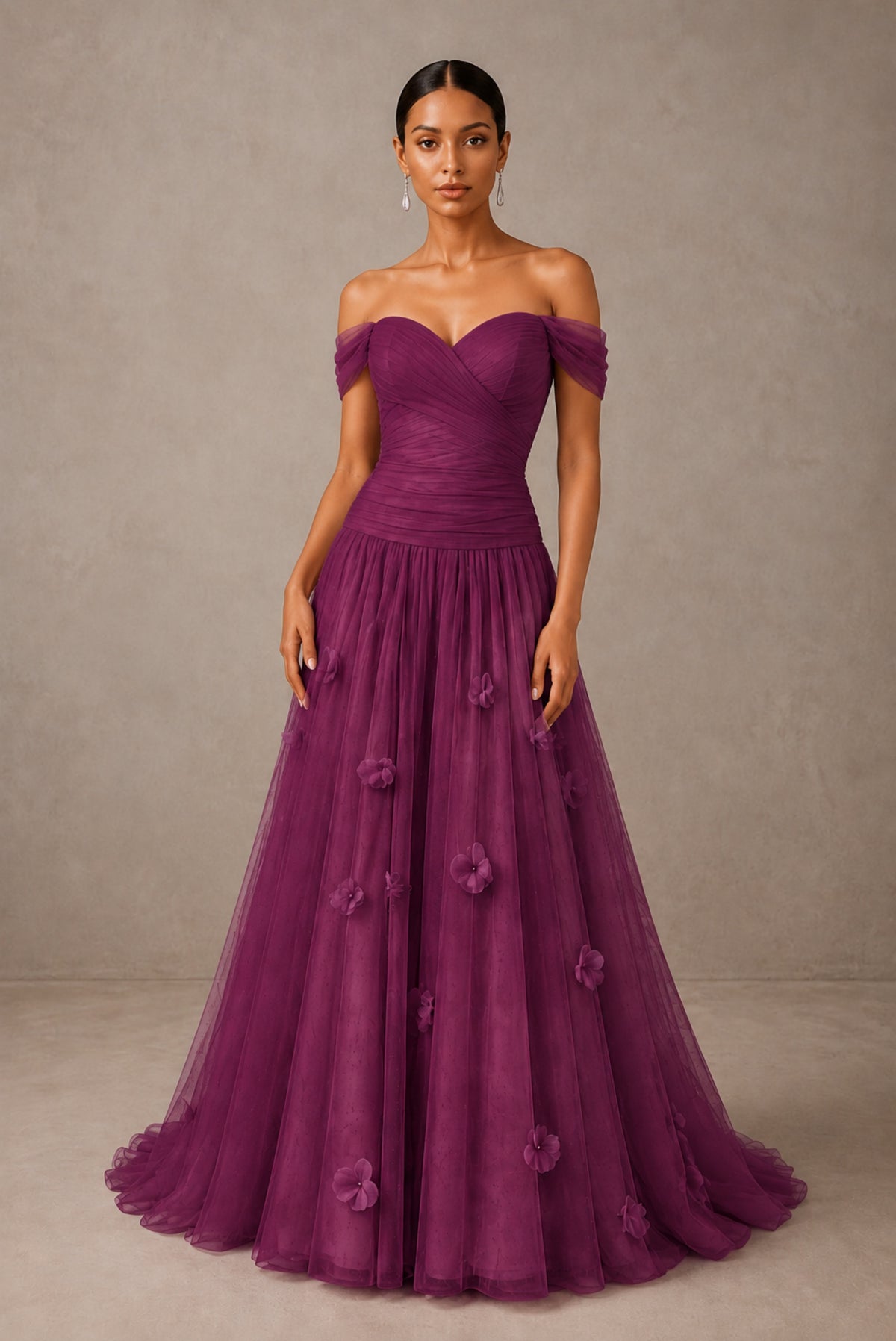 Plum Off-Shoulder Sweetheart A-Line Tulle Gown with 3D Floral Appliques | BOLODOO - Plum