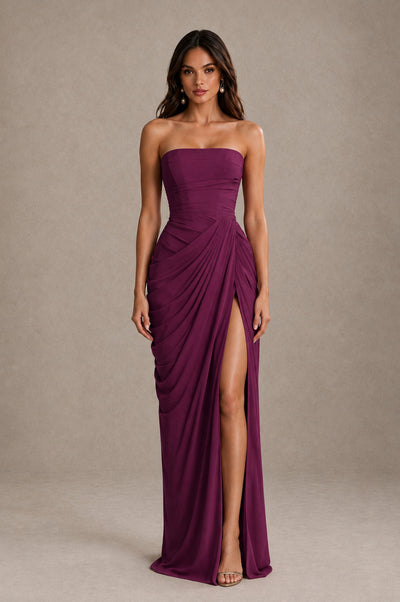 BOLODOO Strapless Draped Maxi Dress - Plum Backless Evening Gown with High Slit - Plum - Plum_1