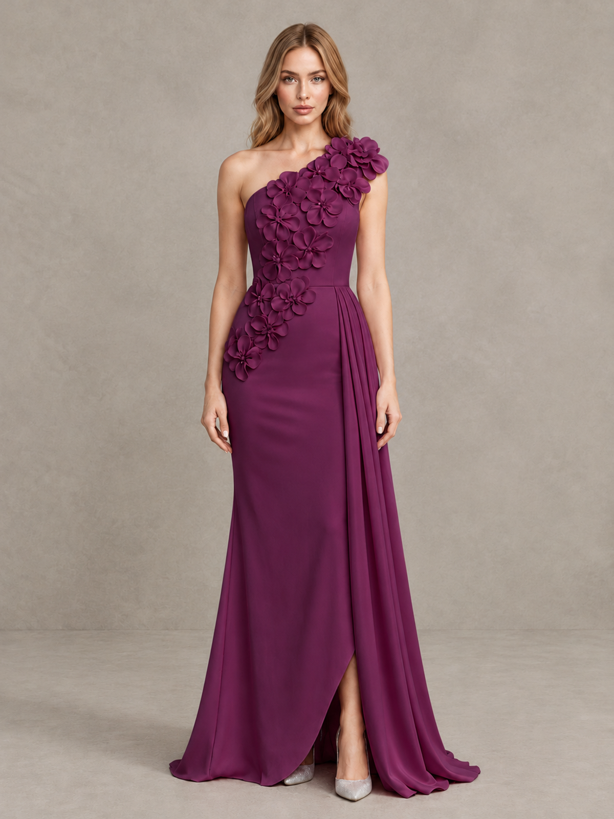 BOLODOO Plum One-Shoulder Satin Mermaid Evening Gown with 3D Floral Appliqué - Plum - Plum_1
