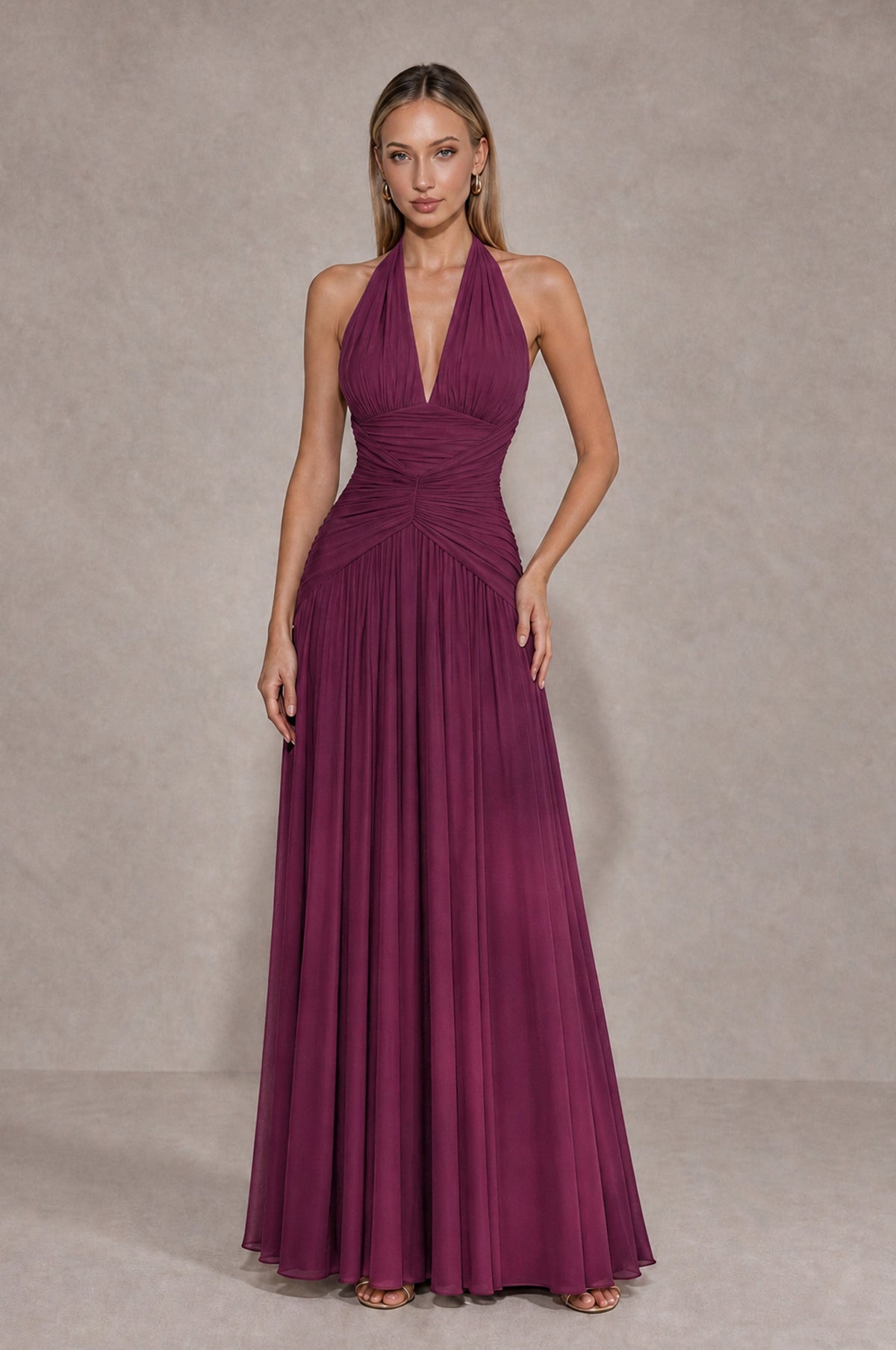 BOLODOO Plum Chiffon Halter Deep V-Neck Ruched A-Line Backless Maxi Dress with Train-BD0167 - Plum - Plum_1