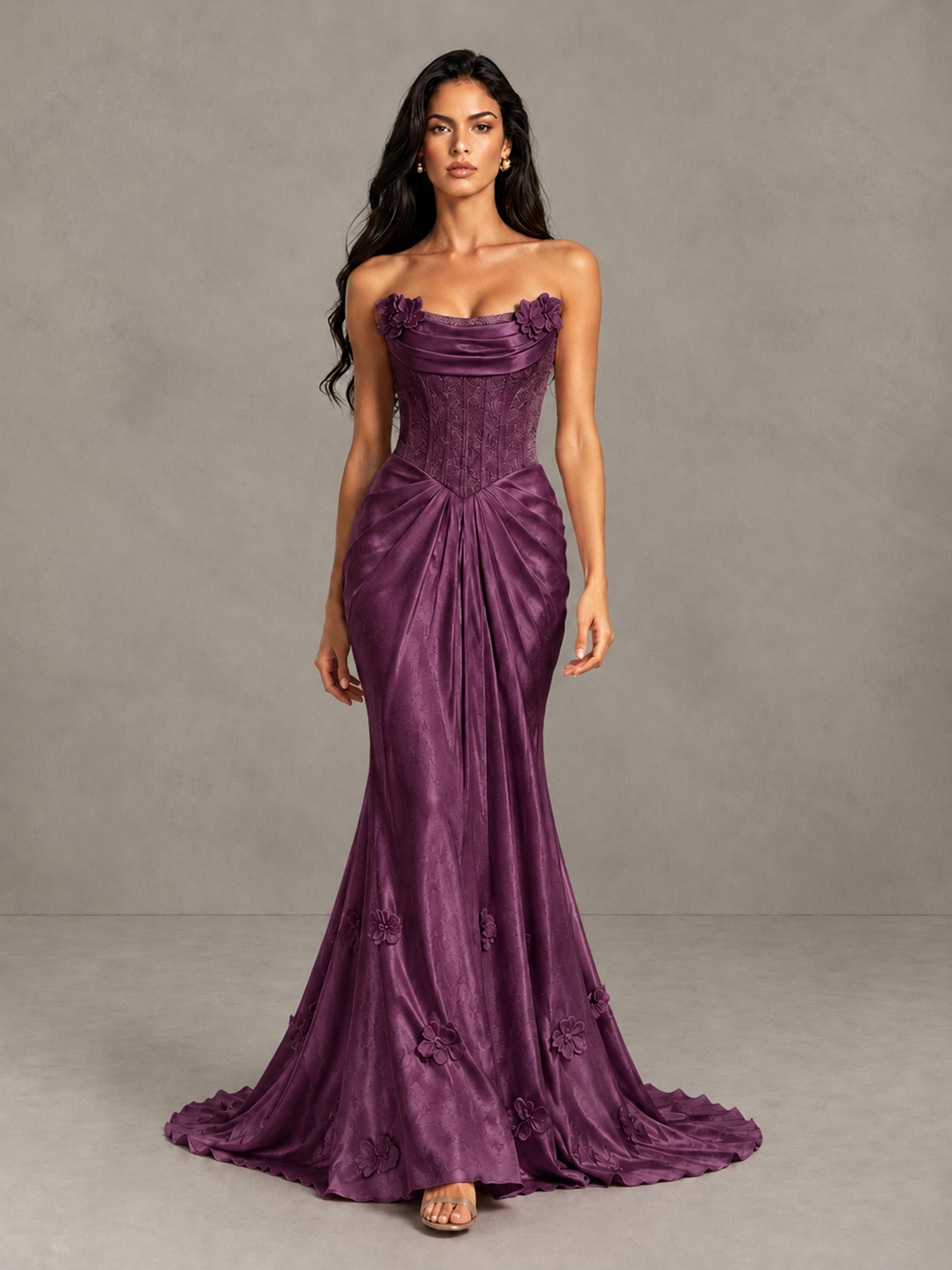 BOLODOO Plum Strapless Floral Corset Evening Gown with Train - Plum - Plum_1