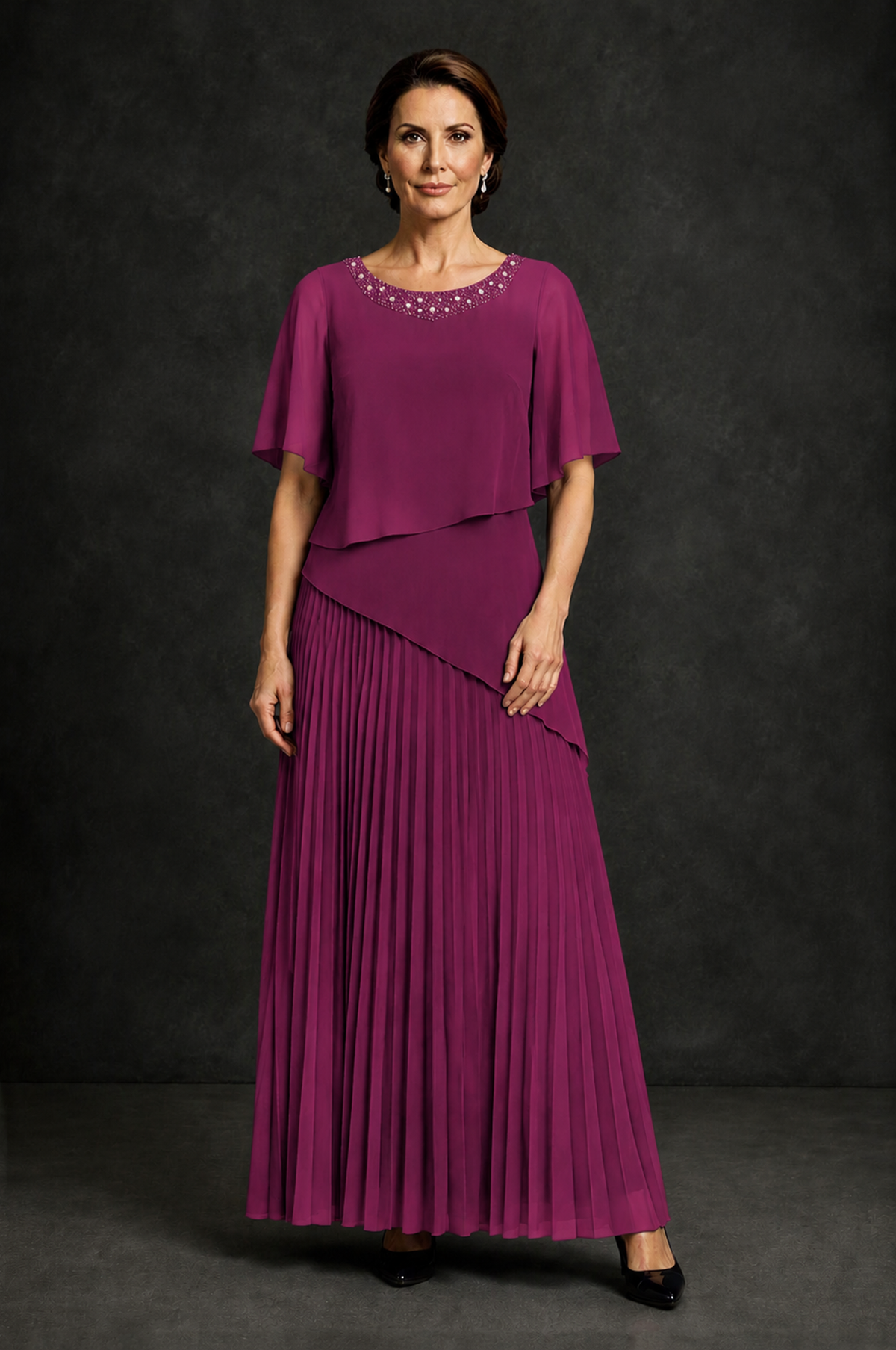 BOLODOO Plum Pearl Beaded Neck Asymmetric Tiered Flutter Sleeve Pleated Chiffon Maxi Dress - Plum - Plum_1