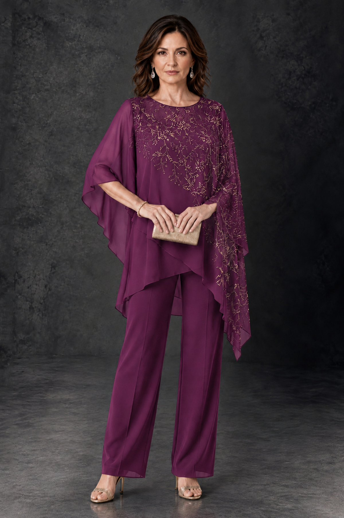 BOLODOO Plum Embellished Cape Pant Suit for Mother of the Bride - Plum - Plum_1