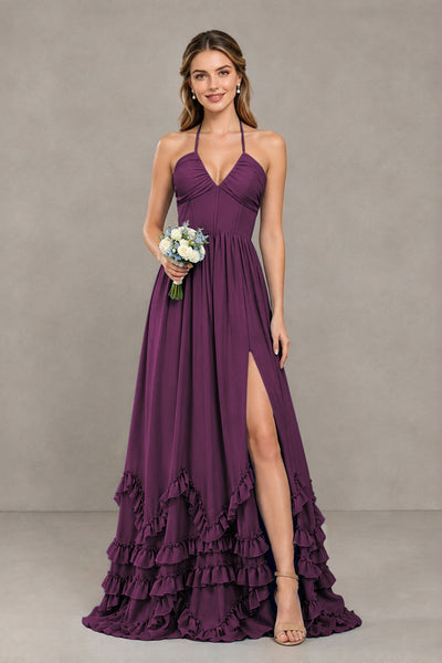 BOLODOO Plum Halter Ruffle Hem A-Line Bridesmaid Dress with High Slit - Plum - Plum(1)
