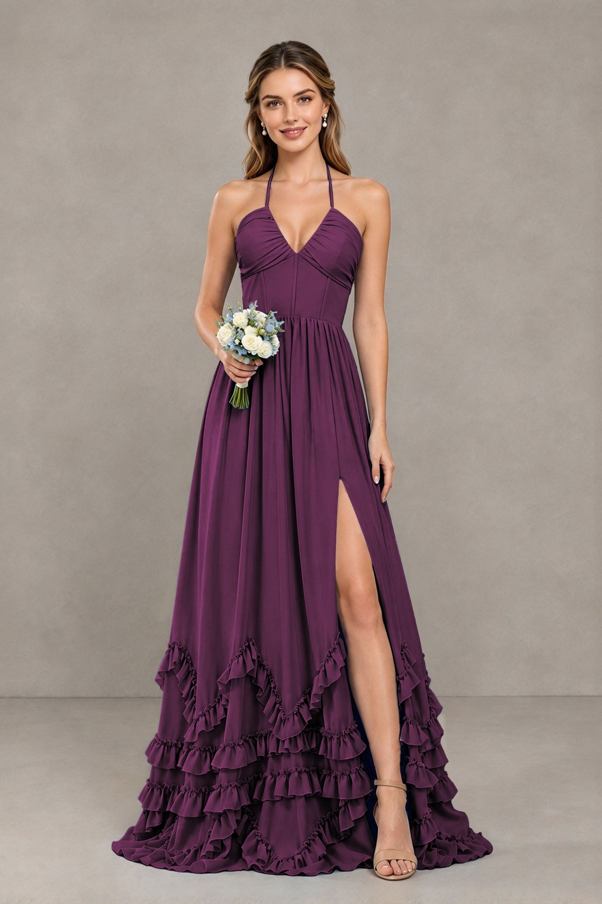 BOLODOO Plum Halter Ruffle Hem A-Line Bridesmaid Dress with High Slit - Plum - Plum(1)