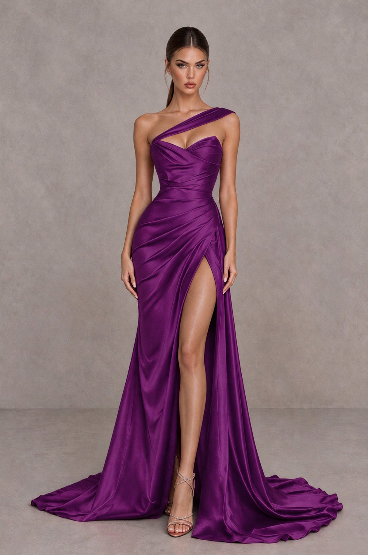 BOLODOO Plum One Shoulder Satin Mermaid Evening Dress with Ruched Slit Skirt - Plum - Plum_1