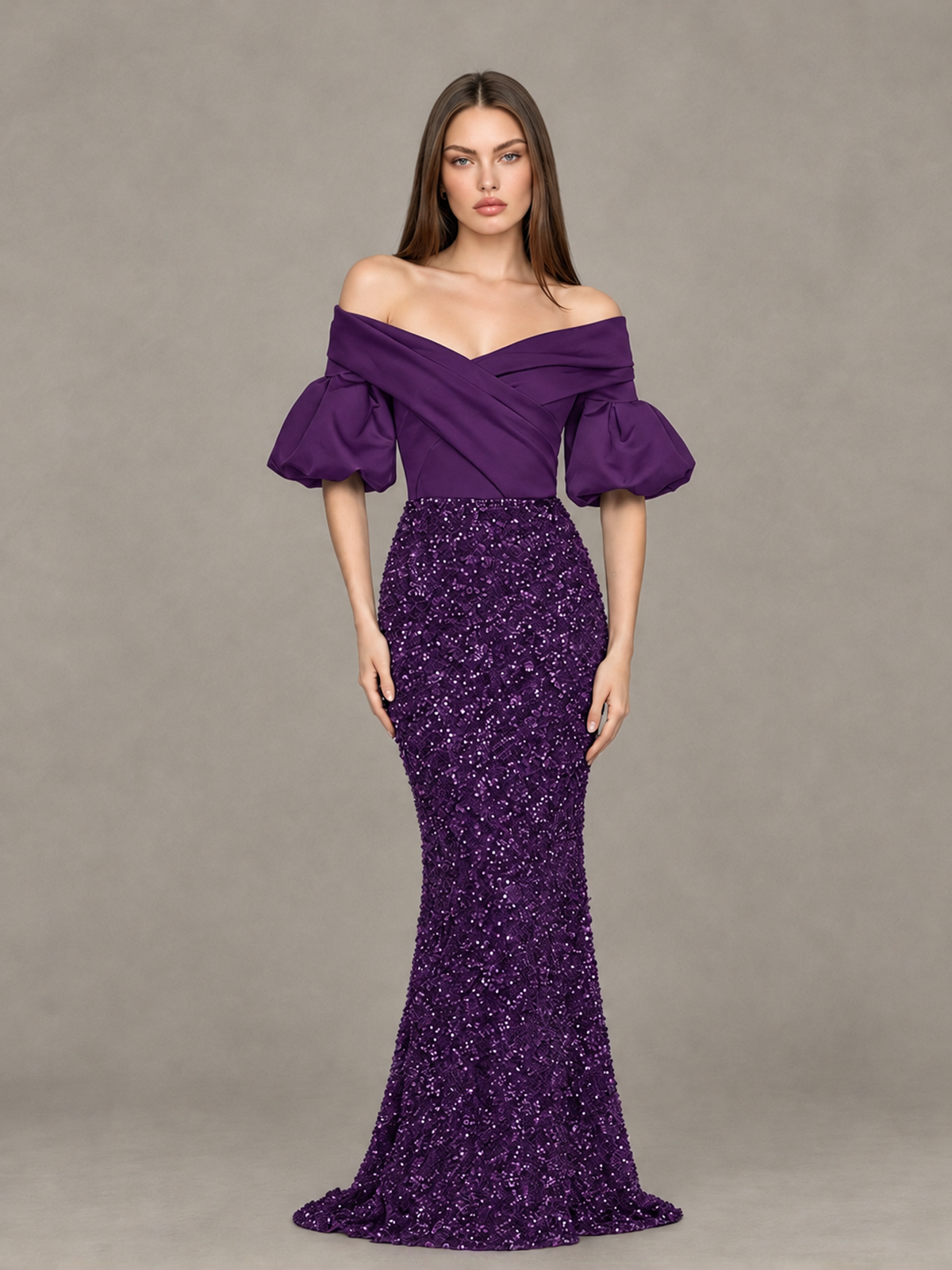 BOLODOO Plum Off-Shoulder Puff Sleeve Sequin Mermaid Evening Dress - Plum - Plum_1