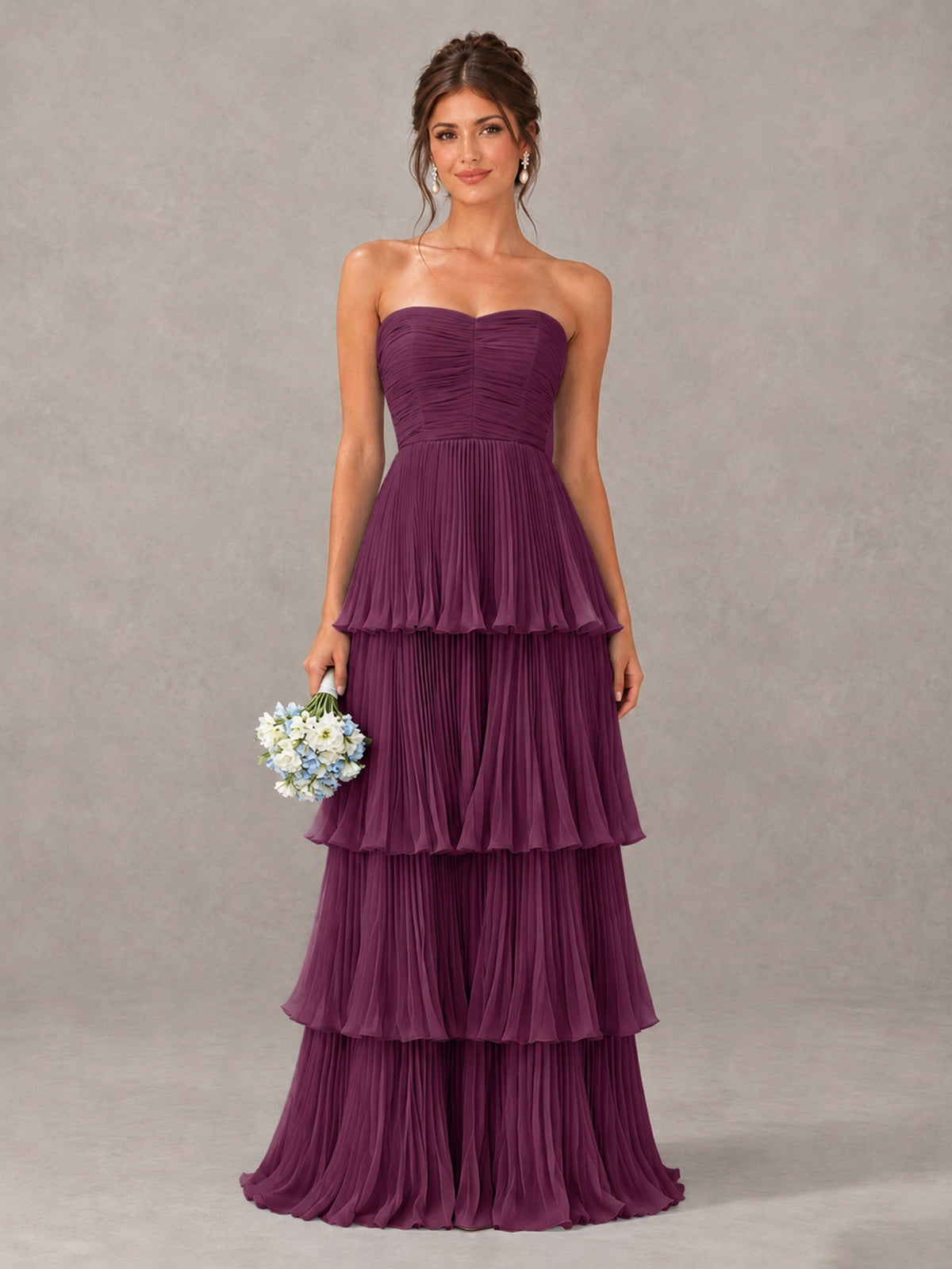 BOLODOO Plum Strapless Tiered Pleated Bridesmaid Dress - Plum - Plum_1
