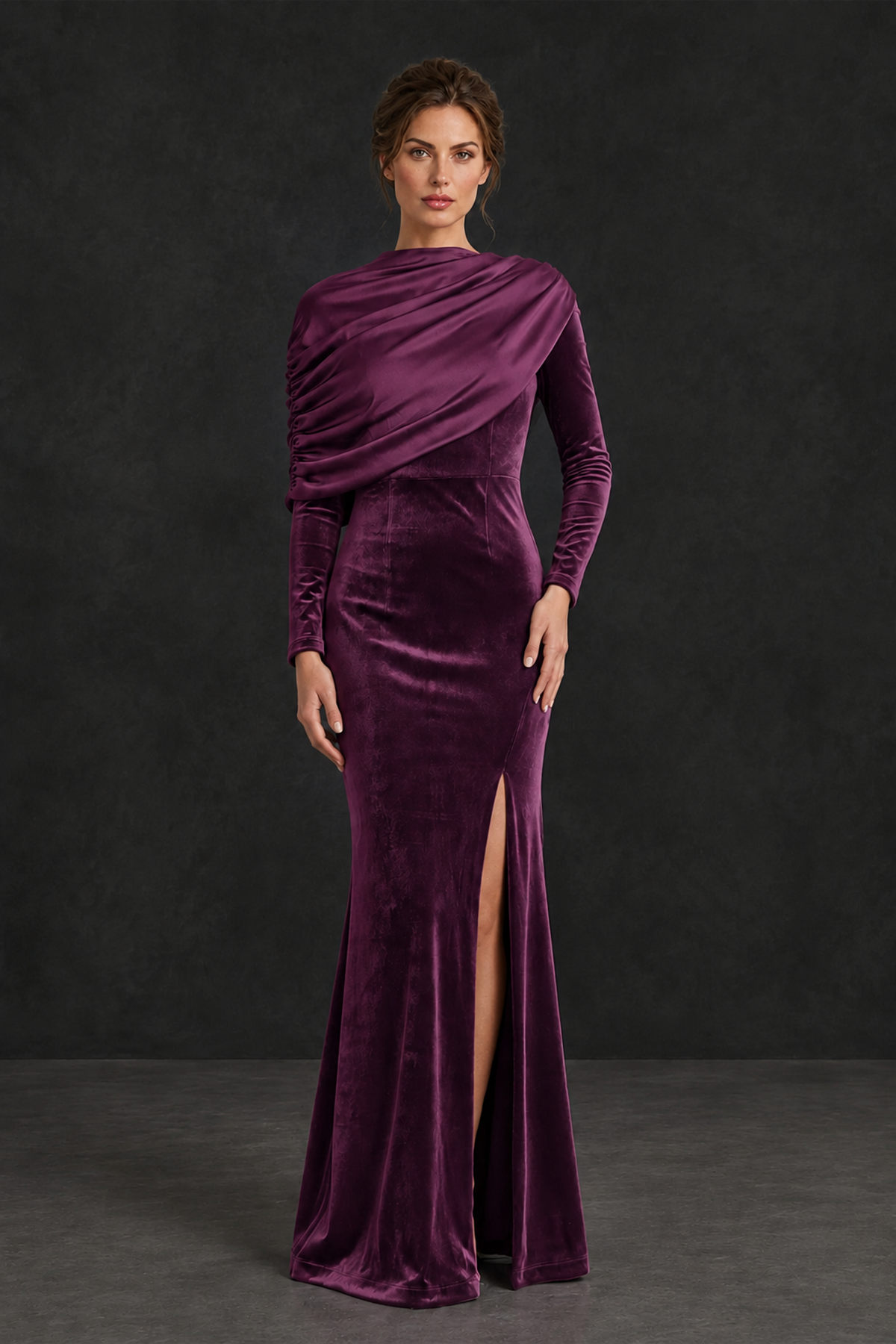 BOLODOO Plum Velvet Long Sleeve Draped Mother of the Bride Dress - Plum - Plum_1