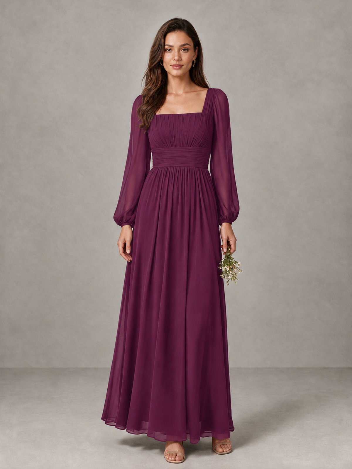 BOLODOO Plum Square Neck Long Sleeve Chiffon Bridesmaid Dress - Plum - Plum_1