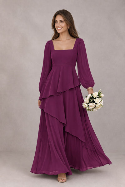BOLODOO Plum Long Sleeve Ruffle Bridesmaid Dresses - Plum - Plum_1