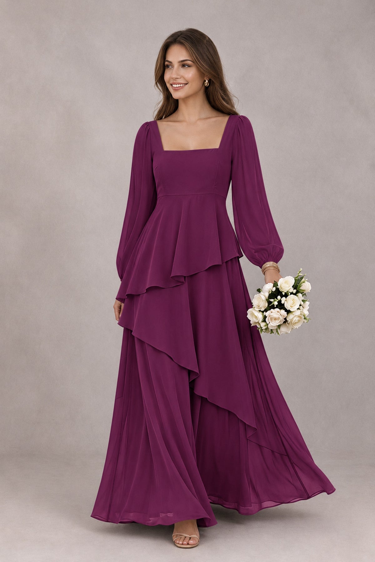 BOLODOO Plum Long Sleeve Ruffle Bridesmaid Dresses - Plum - Plum_1