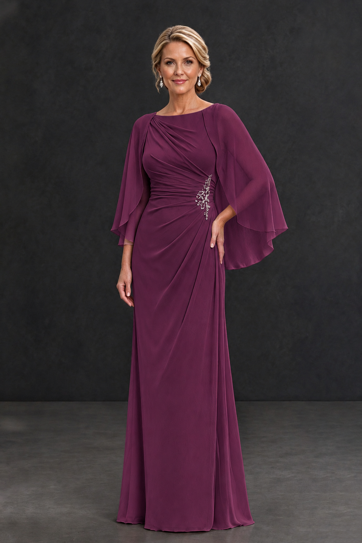 BOLODOO Plum Cape Sleeve Mother of the Bride Dress with Ruched Waist - Plum - Plum_1