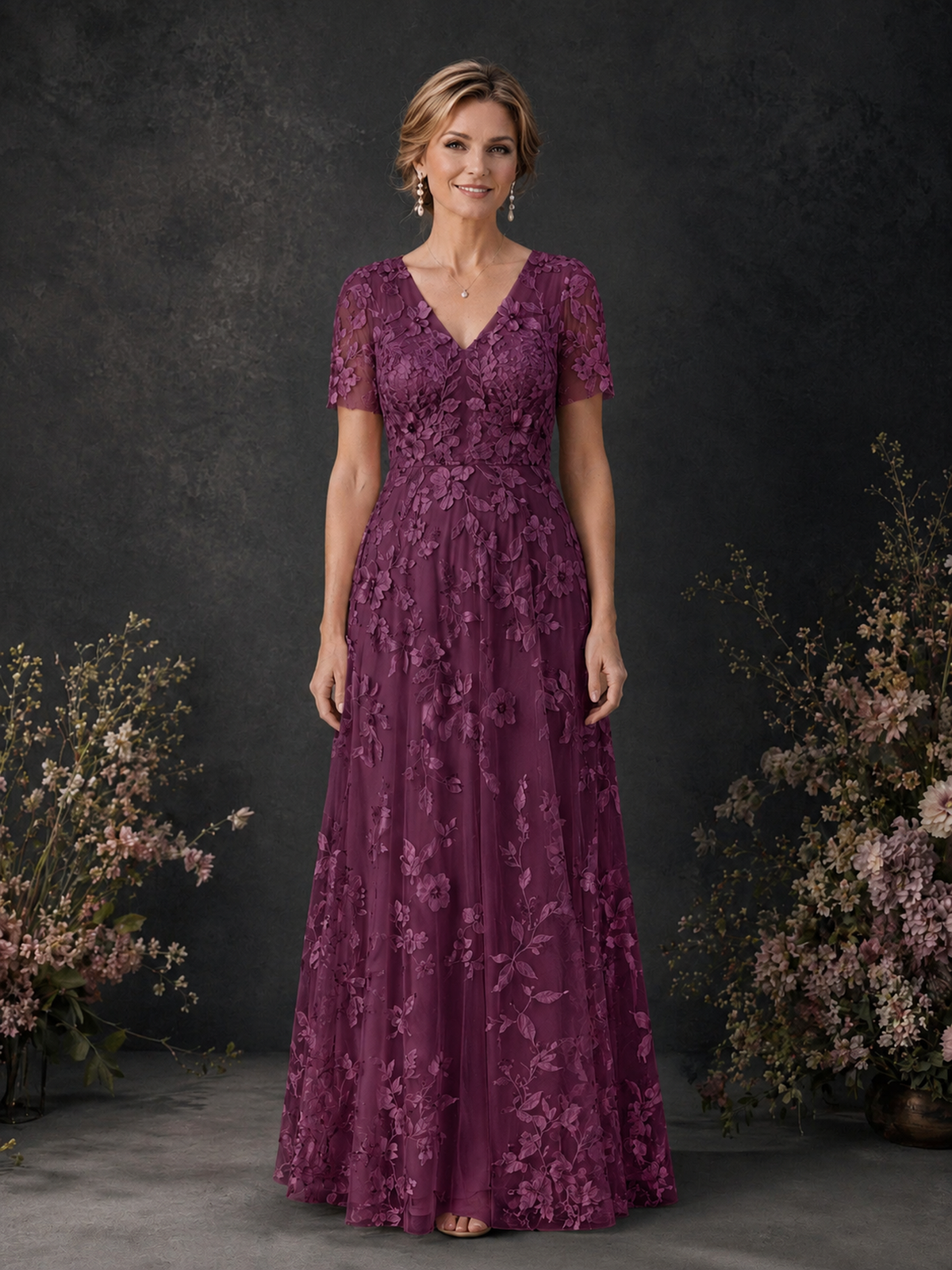 BOLODOO Plum 3D Floral Embroidered Lace V-Neck Short Sleeve A-Line Maxi Dress - Plum