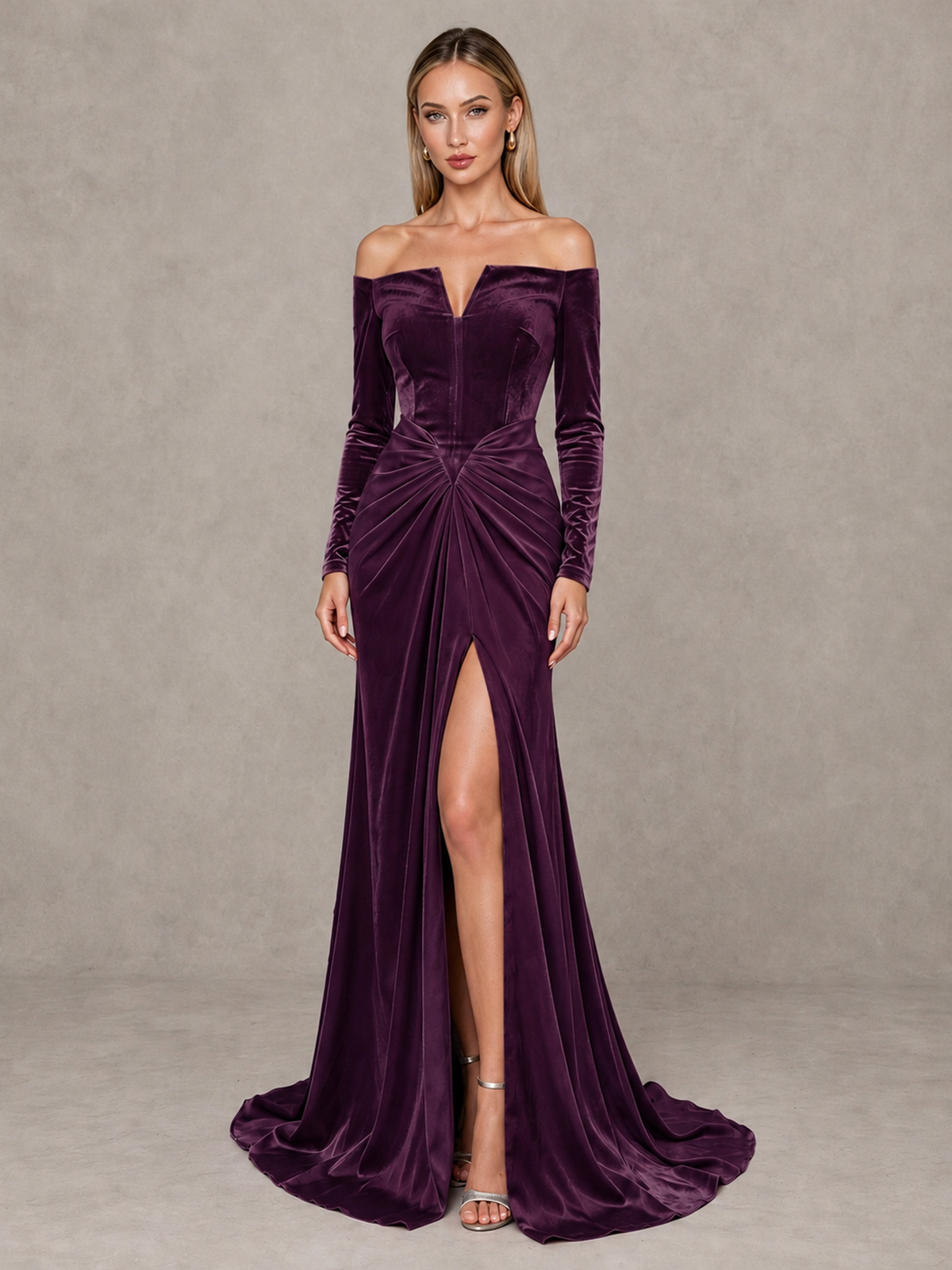 BOLODOO Plum Off-Shoulder Velvet Evening Gown with High Slit - Plum - Plum_1