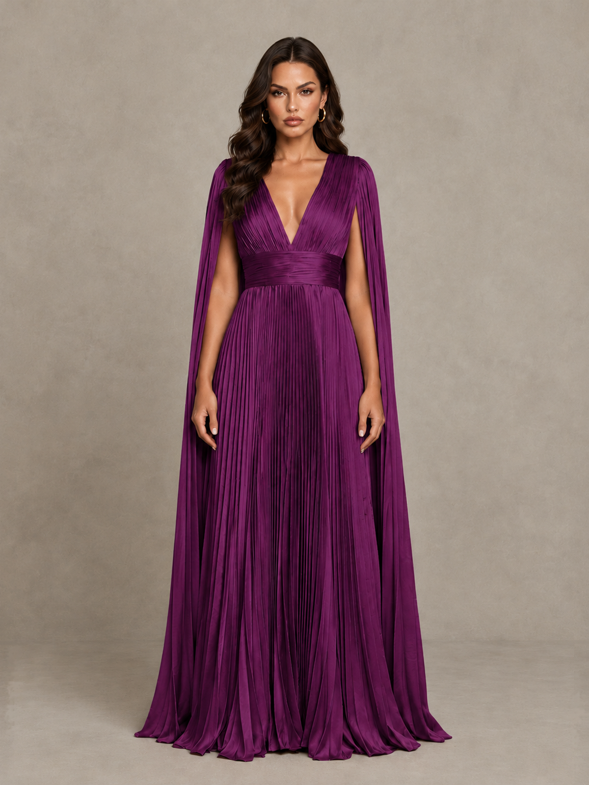 BOLODOO Plum Deep V-Neck Pleated Cape Sleeve Evening Gown - Plum - Plum_1