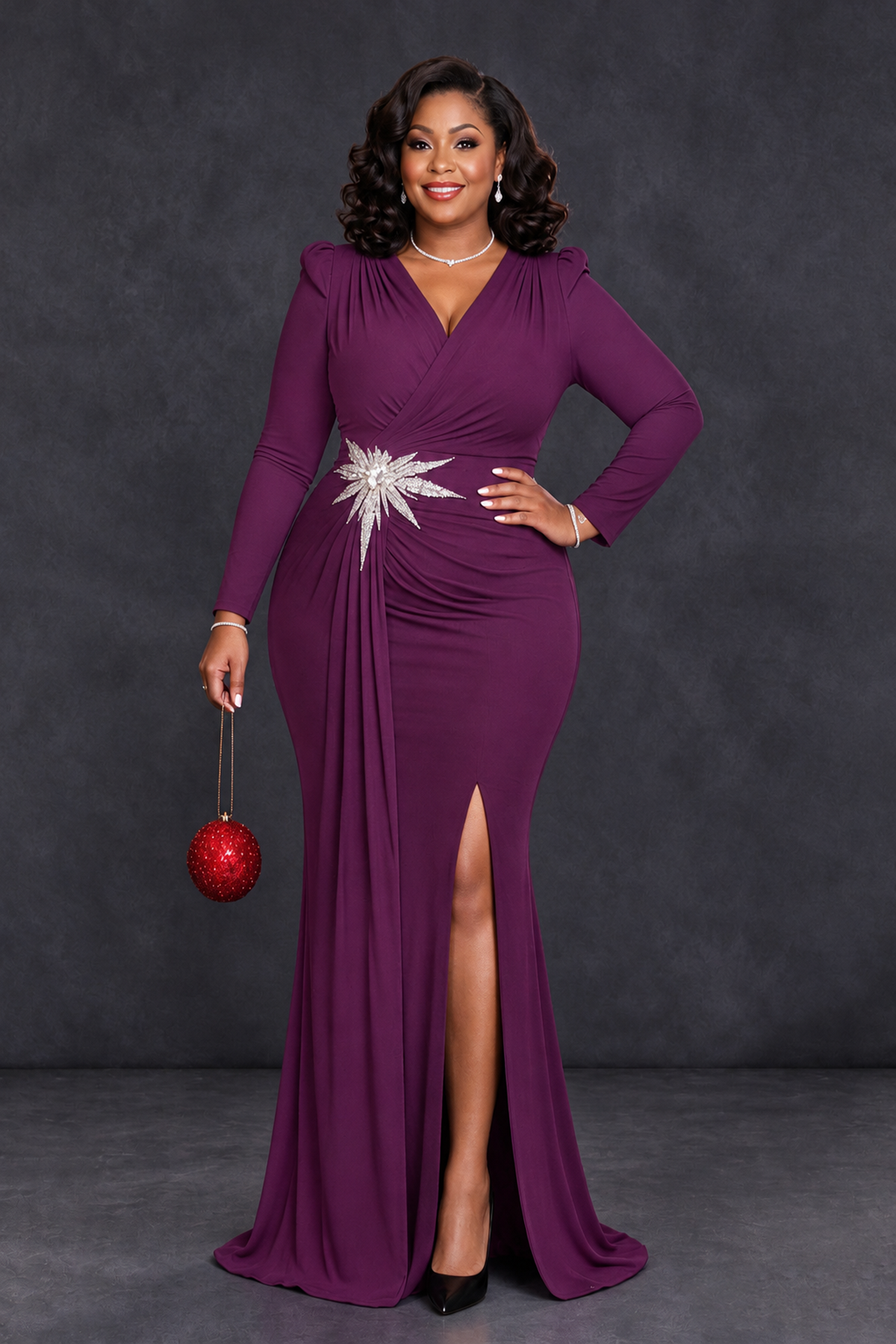 BOLODOO Plum Plus Size Long Sleeve V-Neck Mother of the Bride Dress with Slit - Plum - Plum_1
