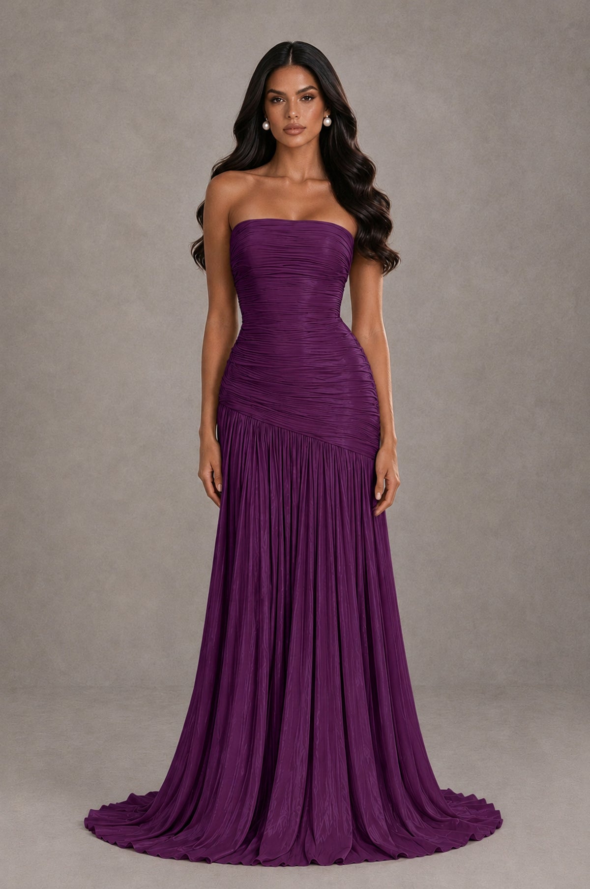 BOLODOO Plum Metallic Ruched Strapless Pleated A-Line Backless Maxi Dress with Train - Plum - Plum_1