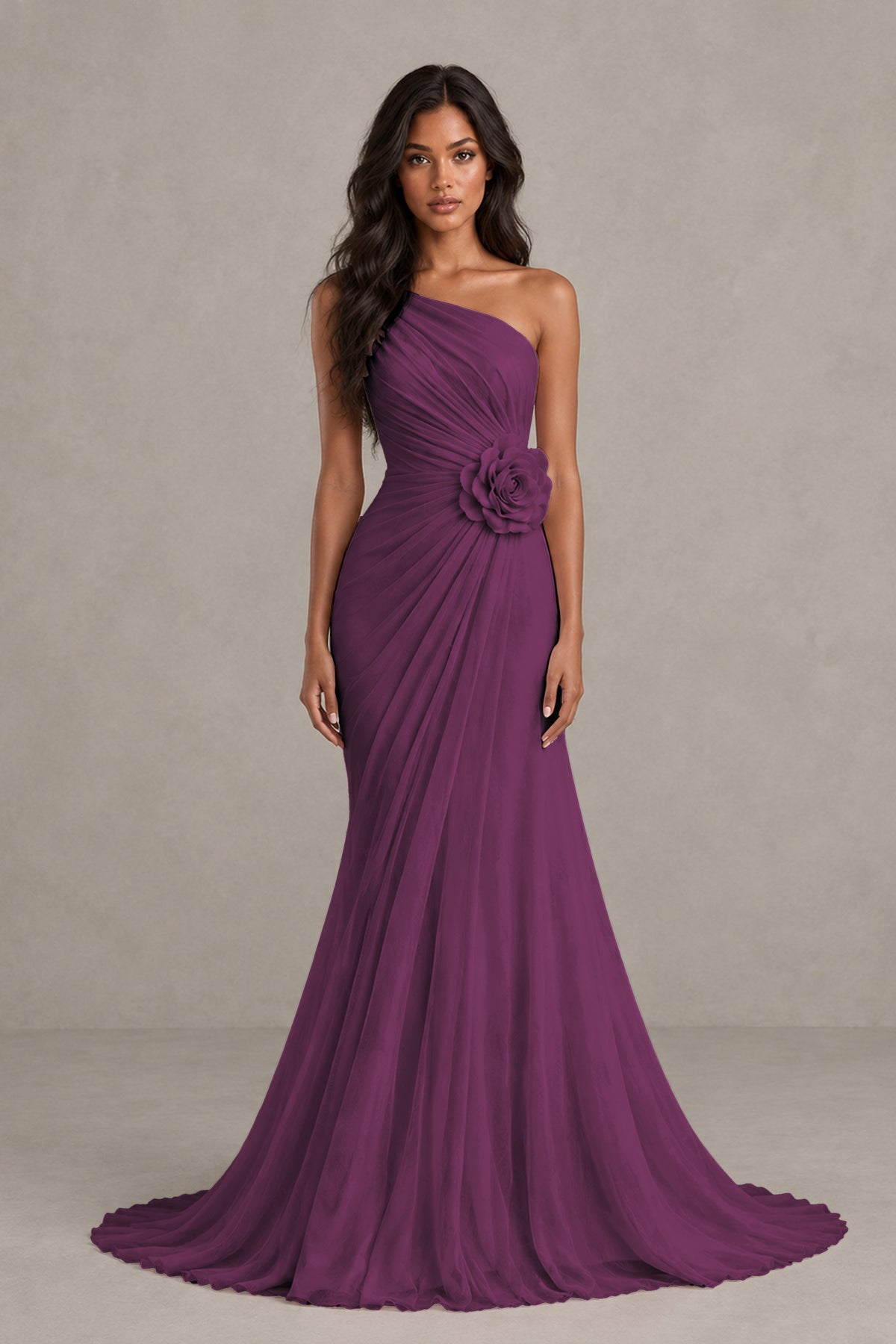 BOLODOO Plum One-Shoulder Floral Ruched Maxi Dress - Plum