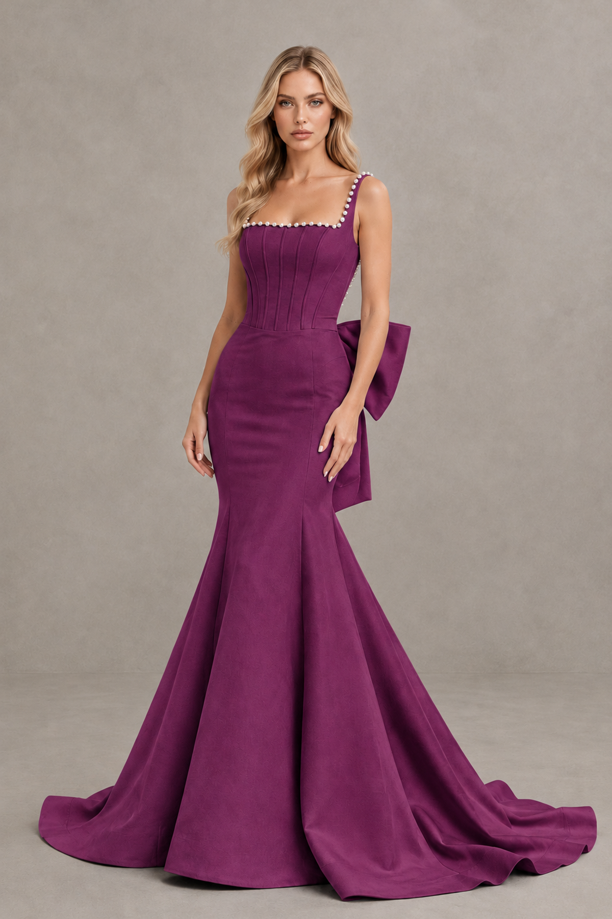 BOLODOO Plum Pearl-Trim Mermaid Prom Dress with Back Bow - Plum - Plum_1