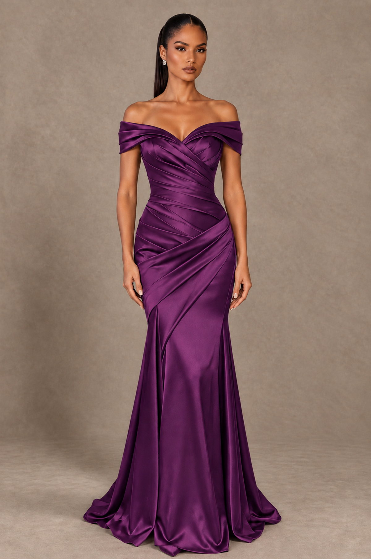 BOLODOO Plum Off-the-Shoulder Ruched Satin Mermaid Evening Dress - Plum - Plum_1
