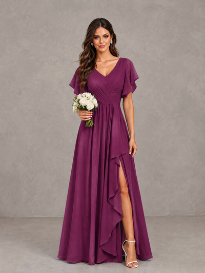 BOLODOO Plum Flutter Sleeve V-Neck Bridesmaid Dress with Ruffle Slit - Plum - Plum_1