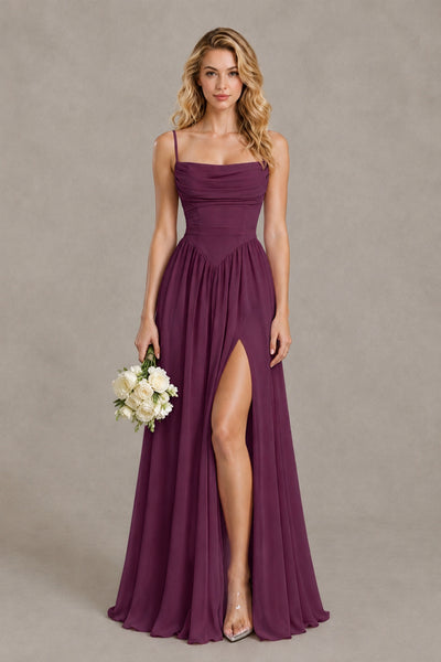 BOLODOO Plum Spaghetti Strap A-Line Bridesmaid Dress with Slit - Plum - Plum_1