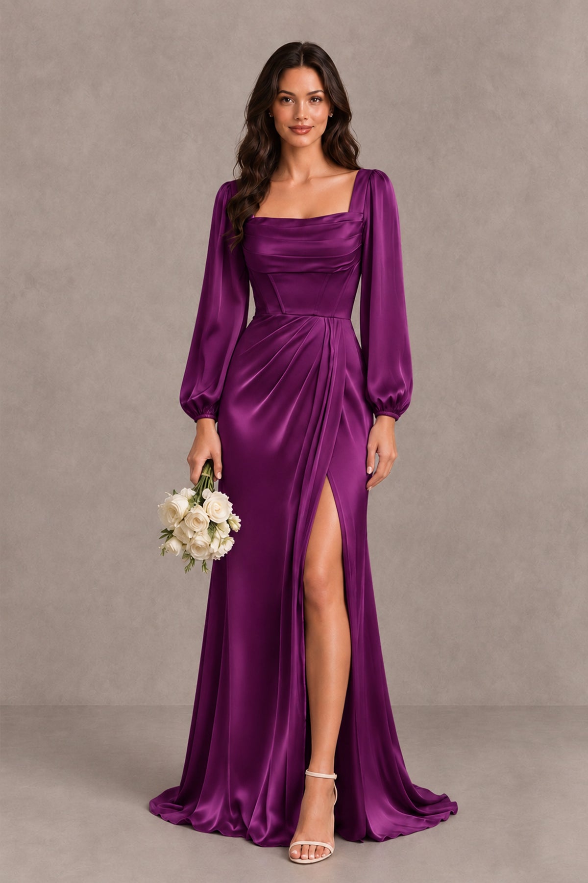 BOLODOO Plum Satin-Look Long Sleeve Evening Dress with High Slit - Plum - Plum_1