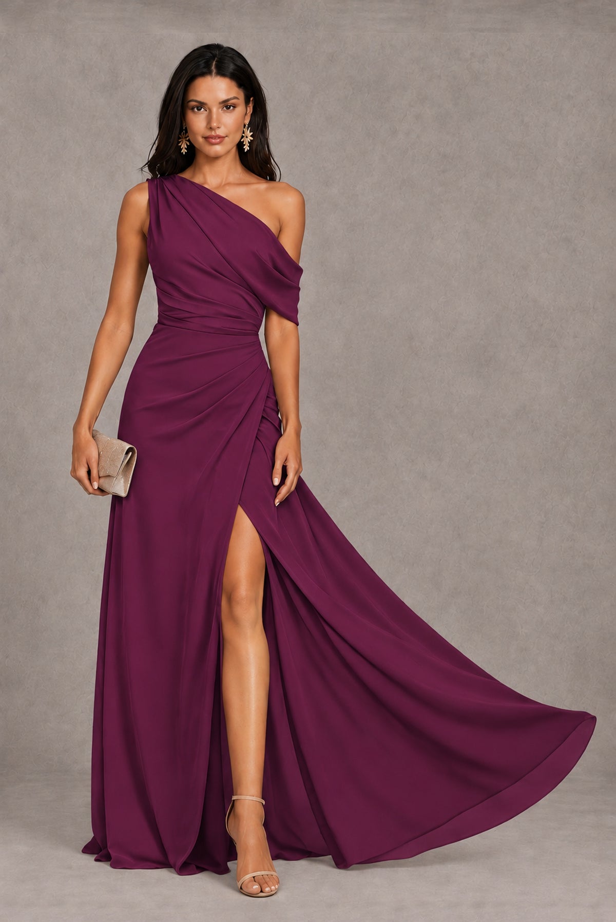 Plum One-Shoulder Floor-Length Evening Gown with High Slit - Plum