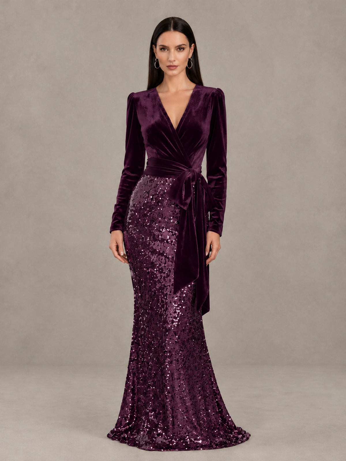 BOLODOO Plum Velvet & Sequin Long Sleeve V-Neck Mermaid Evening Gown - Plum - Plum_1
