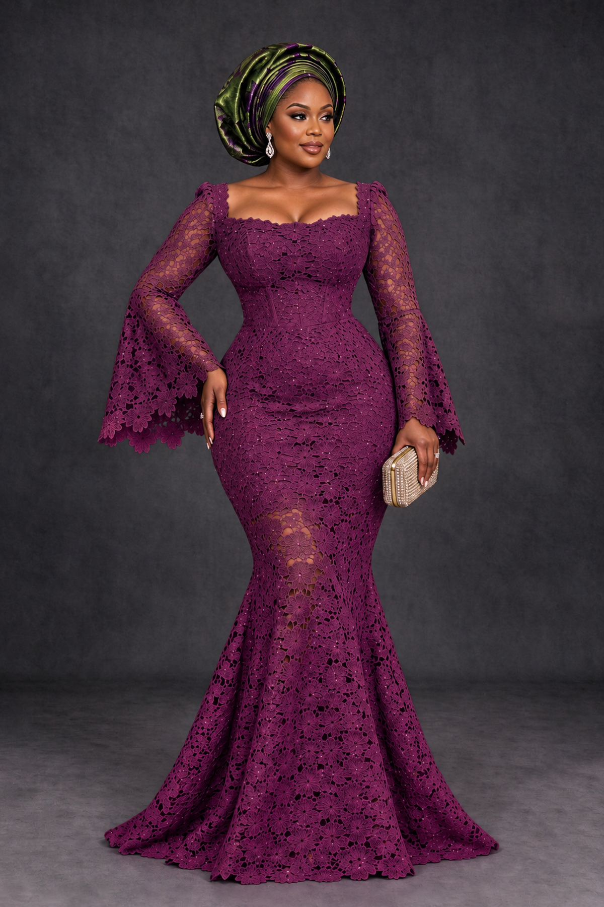 BOLODOO Plum African Lace Mermaid Dress, Plus Size Nigerian Wedding Guest Gown with Bell Sleeves - Plum - Plum_1