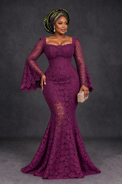 BOLODOO Plum African Lace Mermaid Dress, Plus Size Nigerian Wedding Guest Gown with Bell Sleeves - Plum - Plum_1