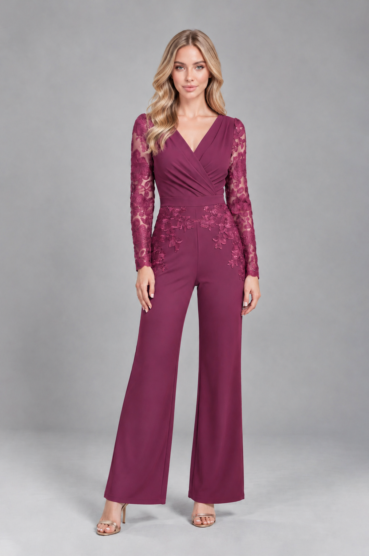 BOLODOO Plum Lace Long-Sleeve V-Neck Mother Pant Suit - Plum - Plum_1