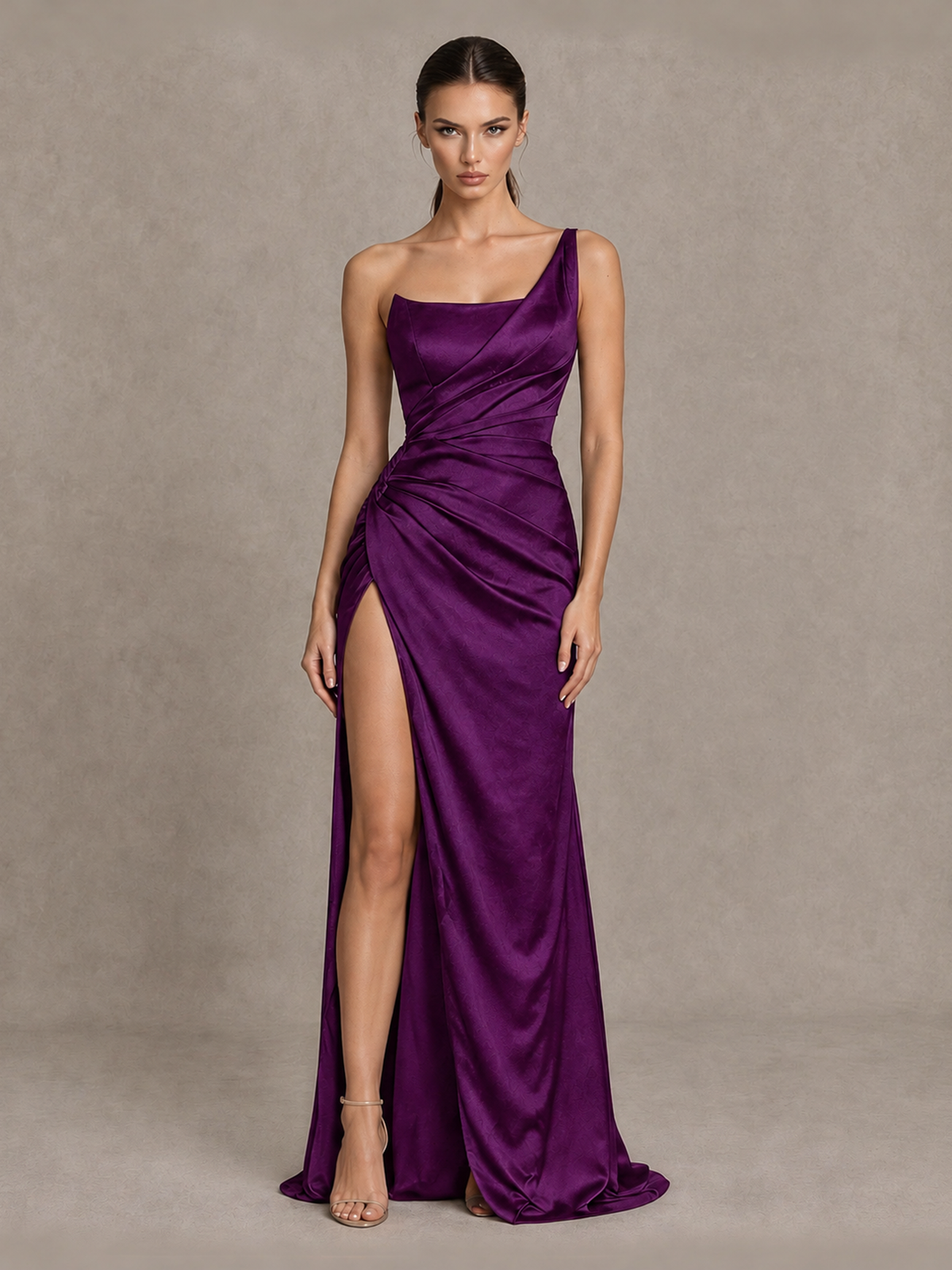 BOLODOO Plum One Shoulder Satin Evening Gown with High Slit and Sweep Train - Plum - Plum_1