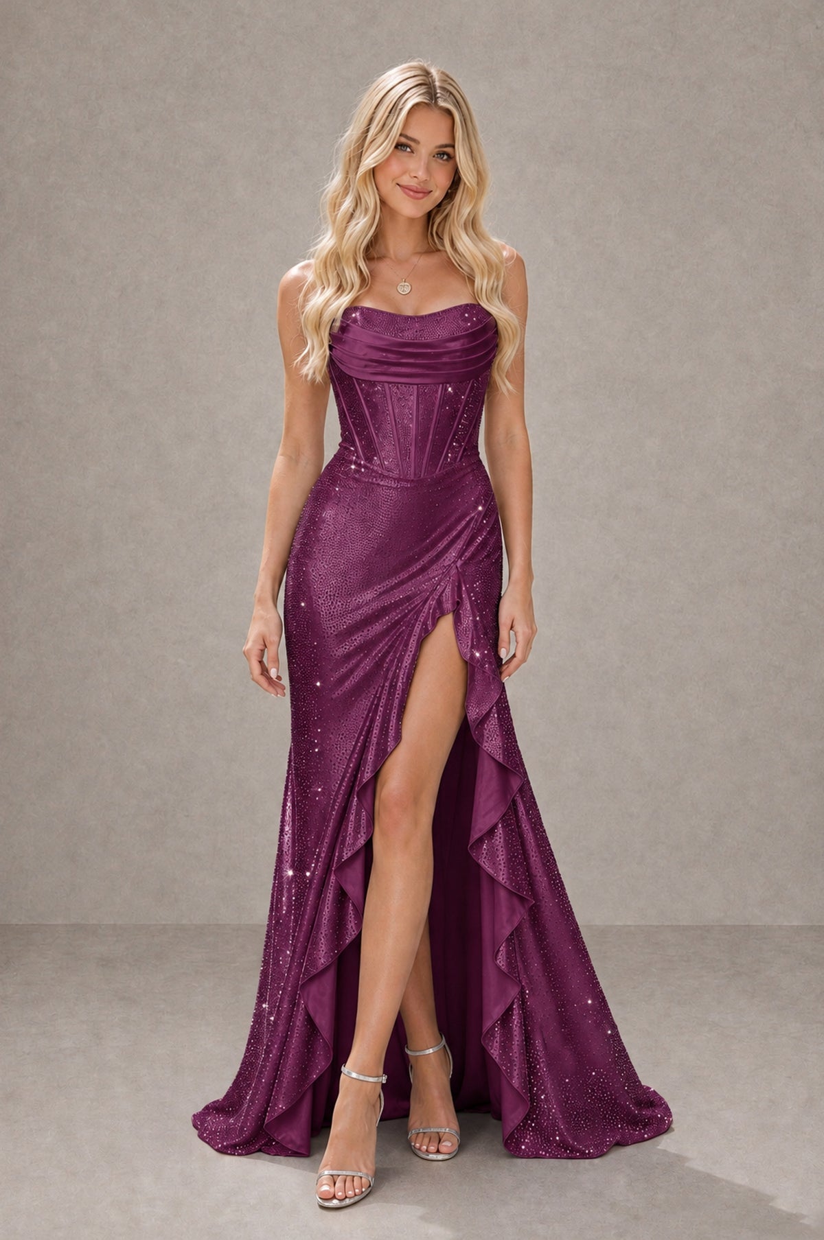BOLODOO Plum Strapless Corset Mermaid Prom Dress with Ruffle Slit - Plum - Plum_1