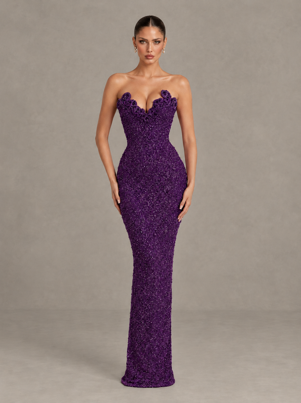 BOLODOO Plum Strapless Sequin Evening Gown with Floral Neckline - Plum - Plum_1