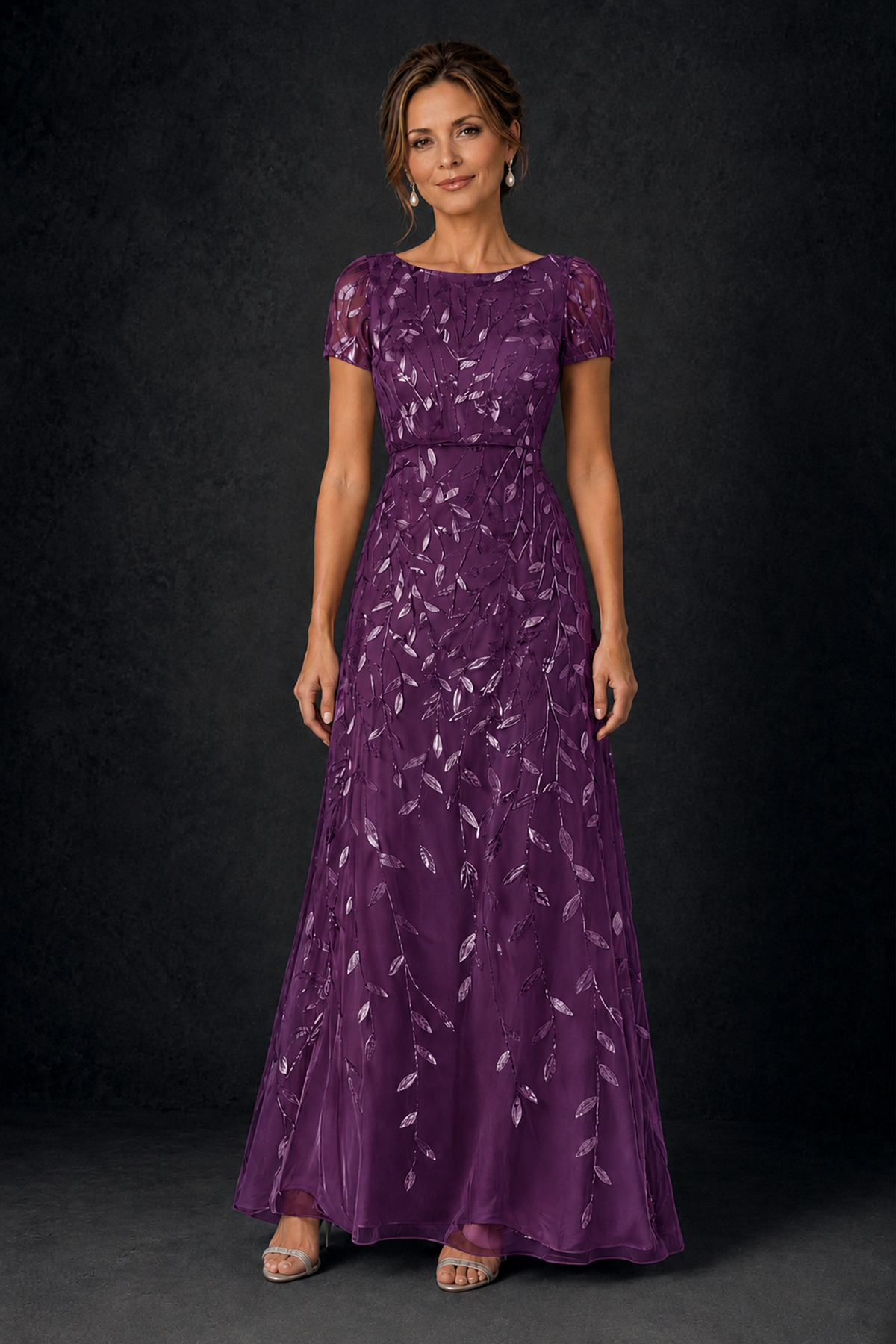 BOLODOO Plum Leaf Embroidered A-Line Formal Gown with Cap Sleeves - Plum - Plum_1