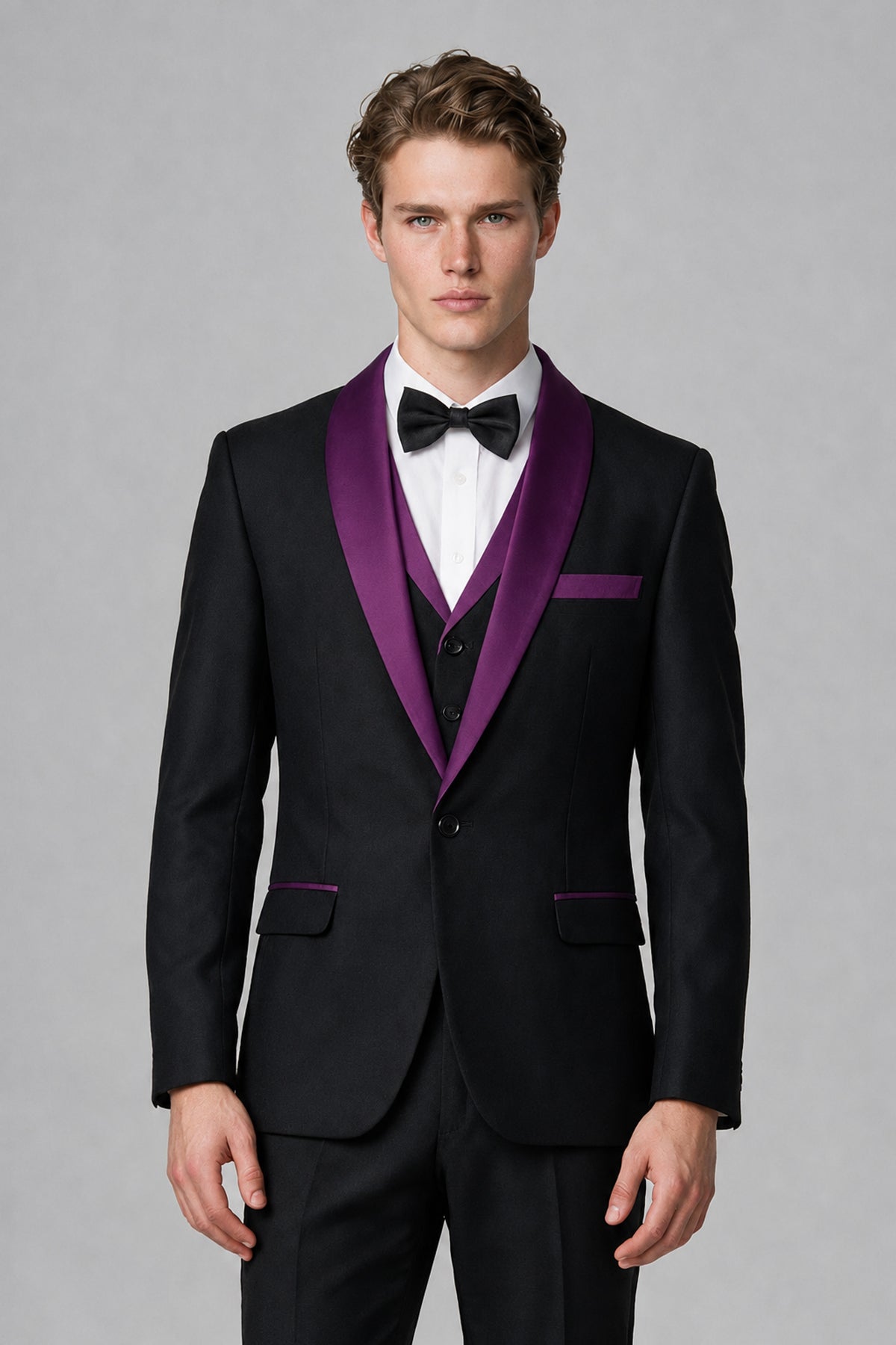 Bolodoo Men's Plum 3-Piece Shawl Lapel Tuxedo Suit - Plum - Plum_1