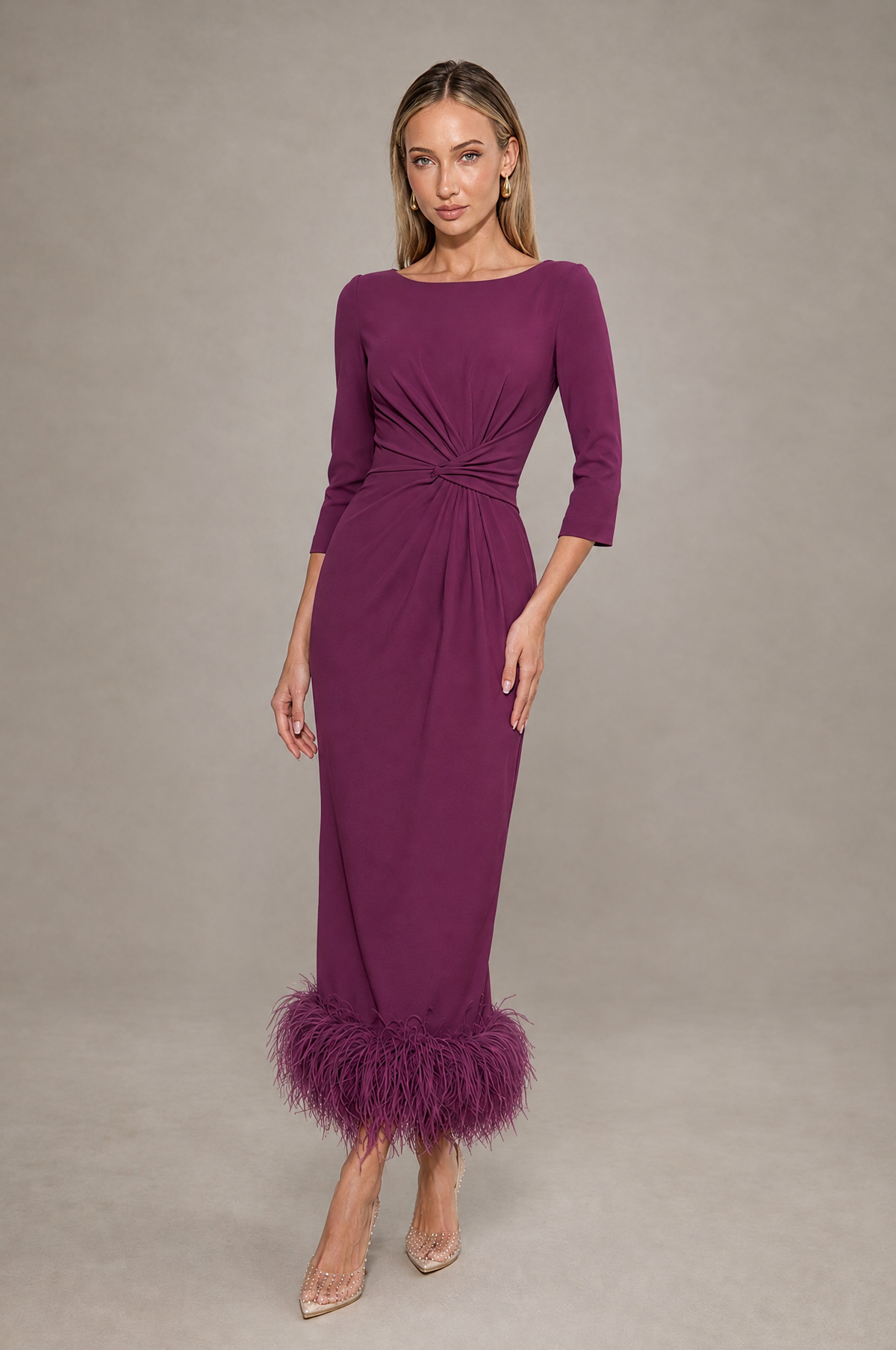 BOLODOO Plum Feather-Trim Twist-Waist Midi Dress - Plum - Plum_1