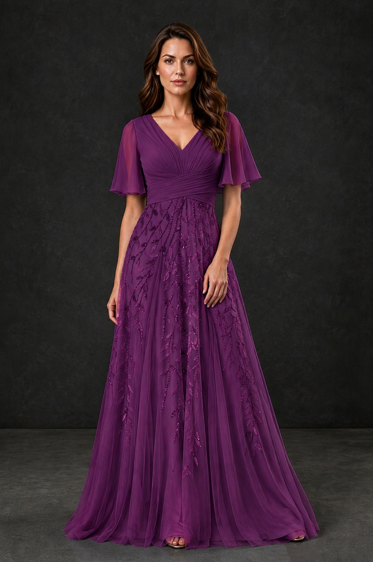 BOLODOO Plum V-Neck Flutter Sleeve Beaded Botanical Tulle A-Line Gown | Mother of the Bride Evening Dress - Plum - Plum_1
