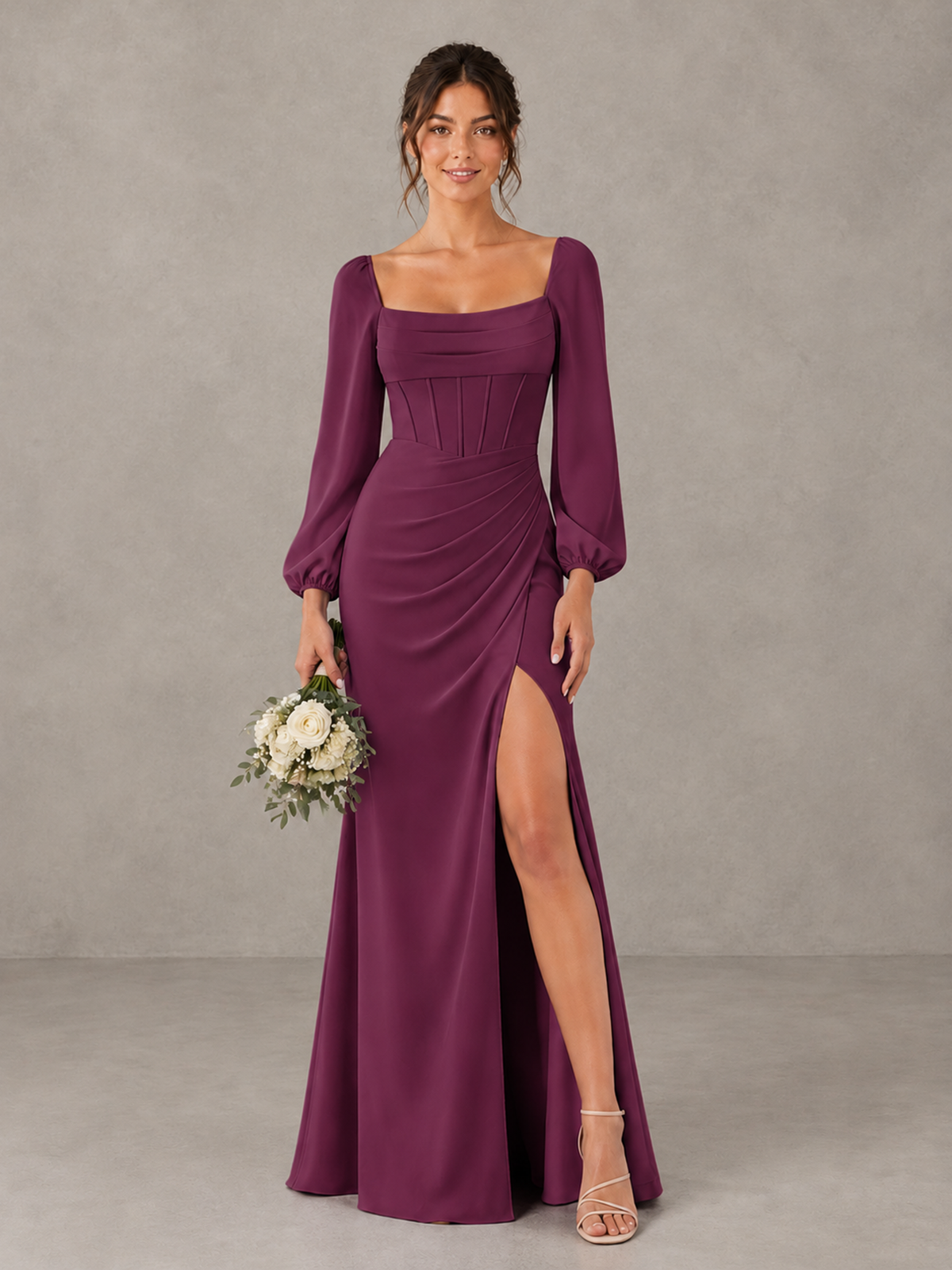 BOLODOO Plum Square Neck Long Sleeve Bridesmaid Dress with High Slit - Plum - Plum_1