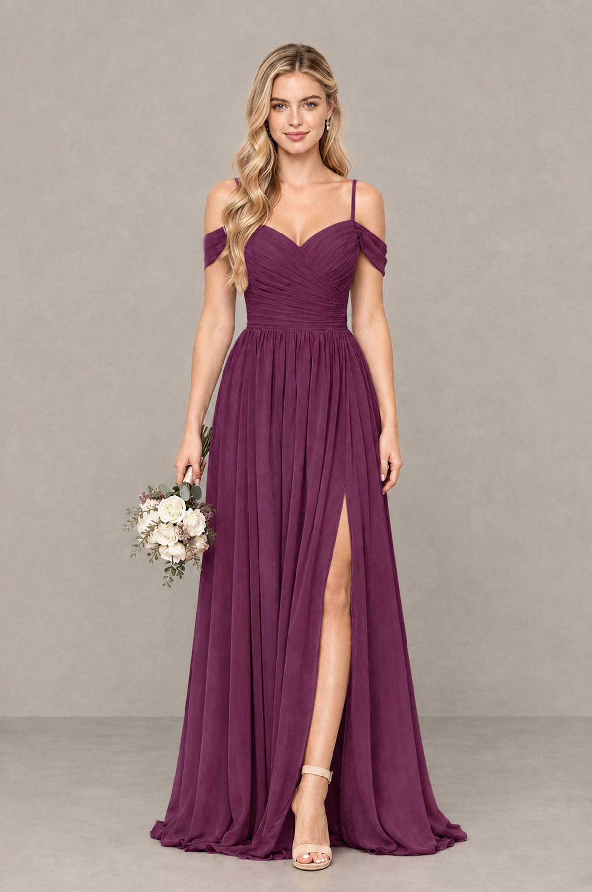 BOLODOO Plum Off-Shoulder Bridesmaid Dress with Slit - Plum