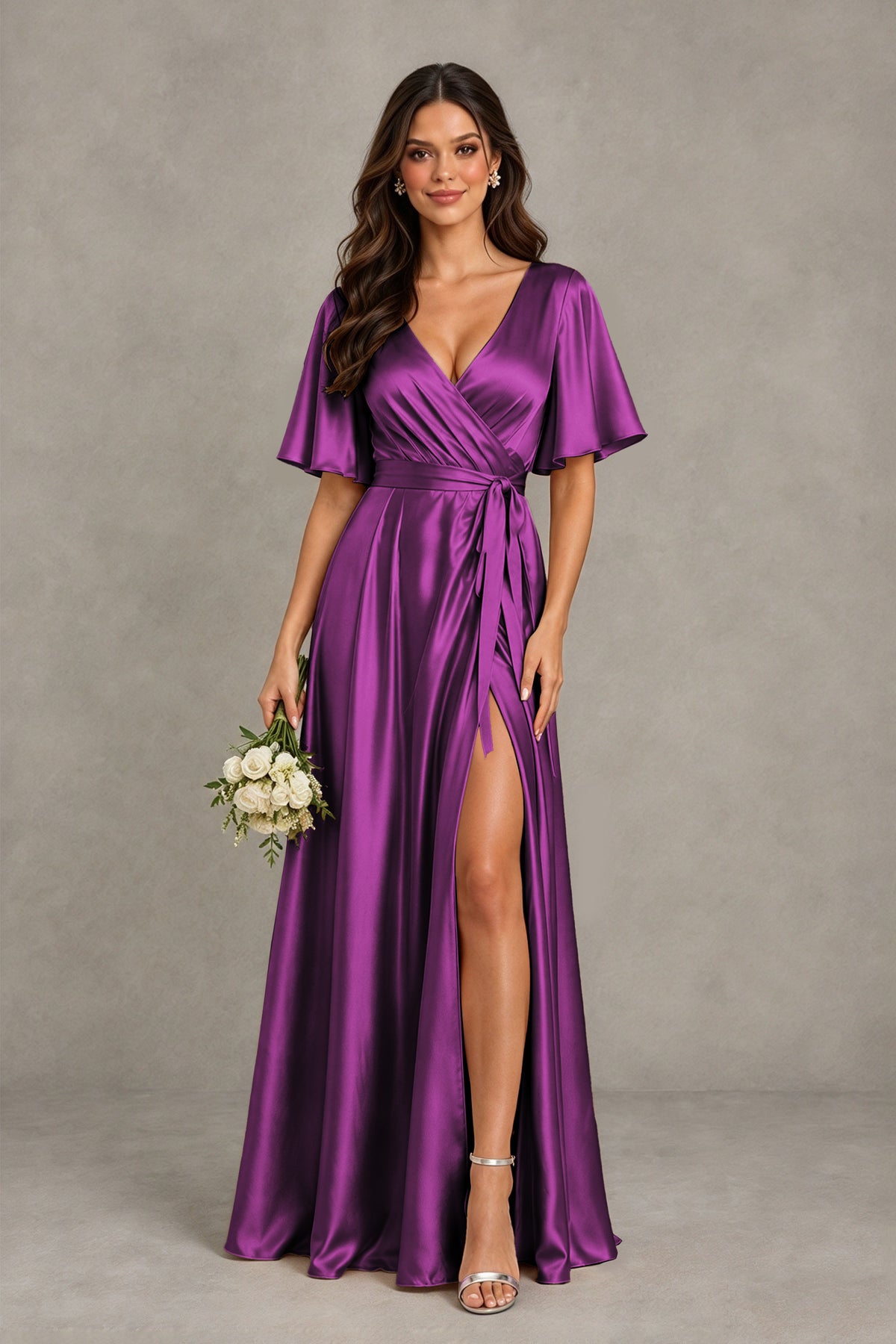 BOLODOO Plum Satin V-Neck Flutter Sleeve Bridesmaid Dress with Slit - Plum - Plum(1)