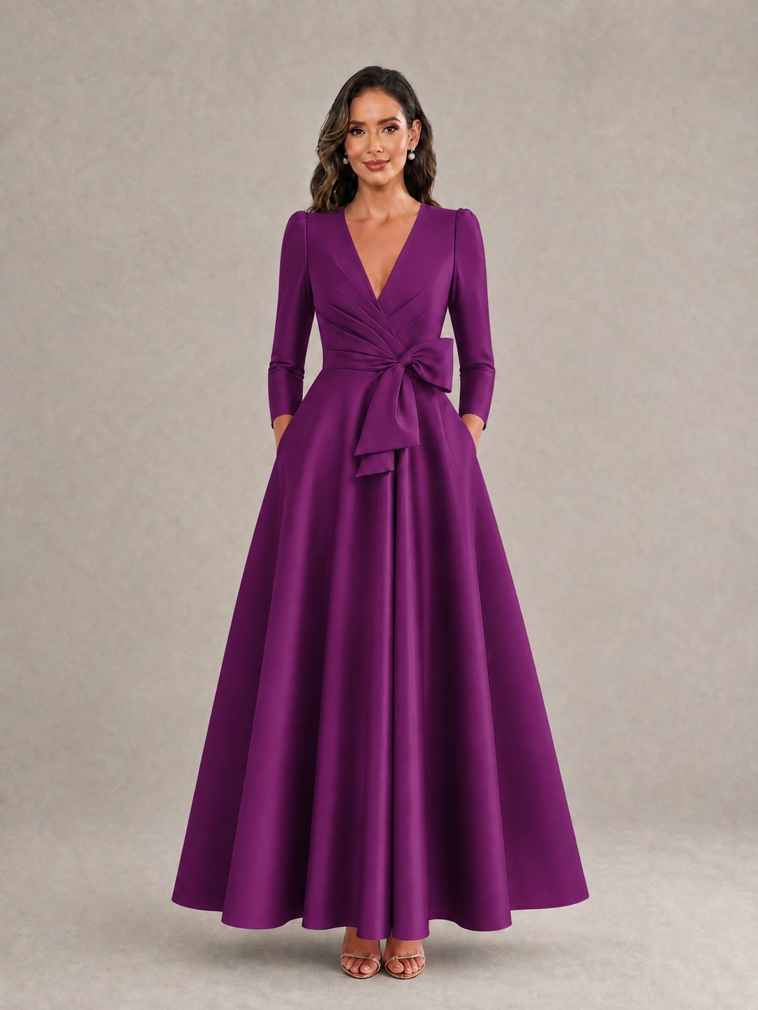 BOLODOO Plum Satin Deep V-Neck Wrap 3/4 Puff Sleeve A-Line Ball Gown Maxi Dress with Oversized Bow Belt - Plum