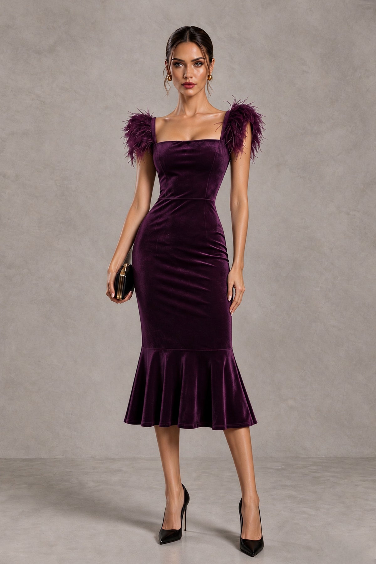 BOLODOO Plum Feather-Trim Velvet-Look Mermaid Midi Dress - Plum - Plum_1