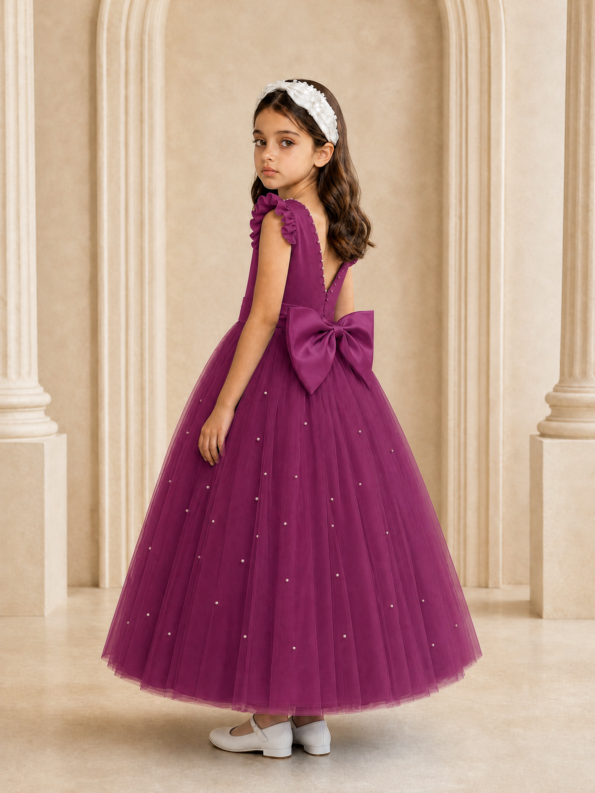 BOLODOO Plum Tulle Flower Girl Dress with Ruffle Sleeves & Bow Back - Plum - Plum_1